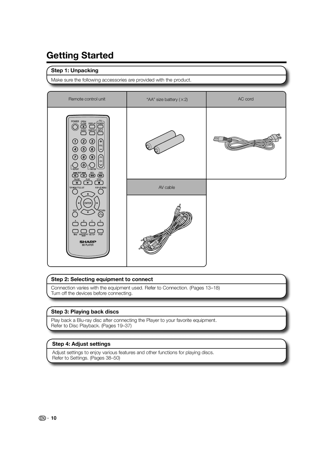 Sharp BD-HP52U Getting Started, Unpacking, Selecting equipment to connect, Playing back discs, Adjust settings 