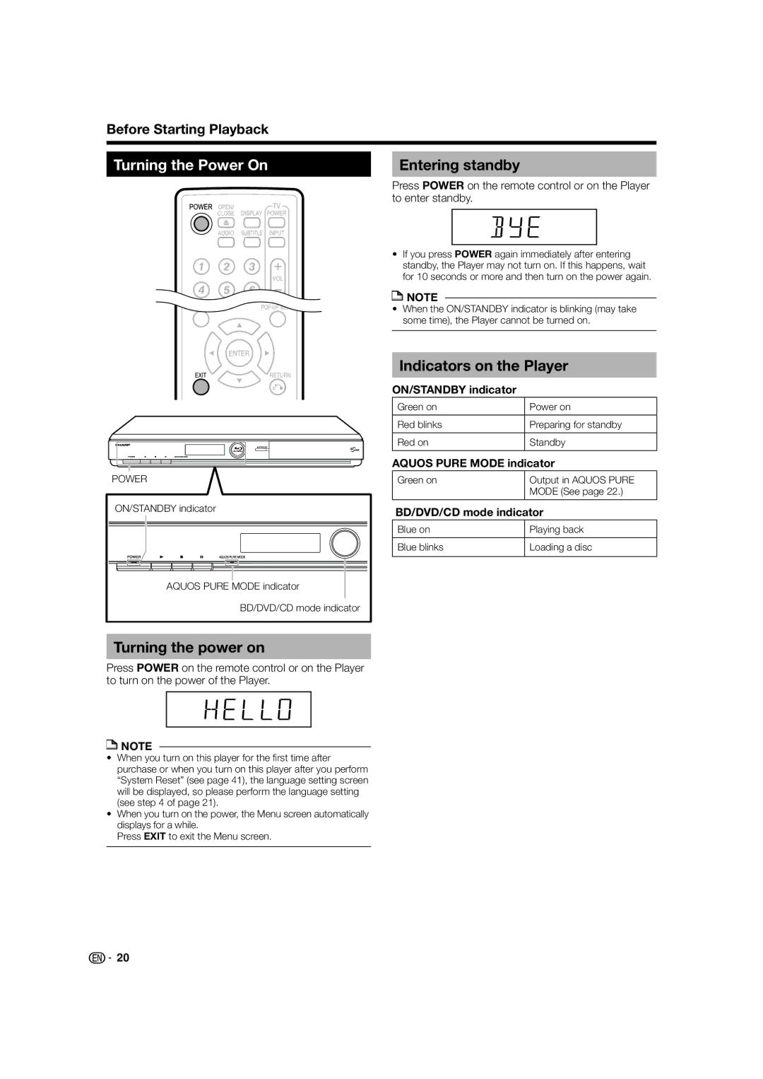 Sharp BD-HP52U operation manual Turning the Power On Entering standby, Indicators on the Player, Turning the power on 