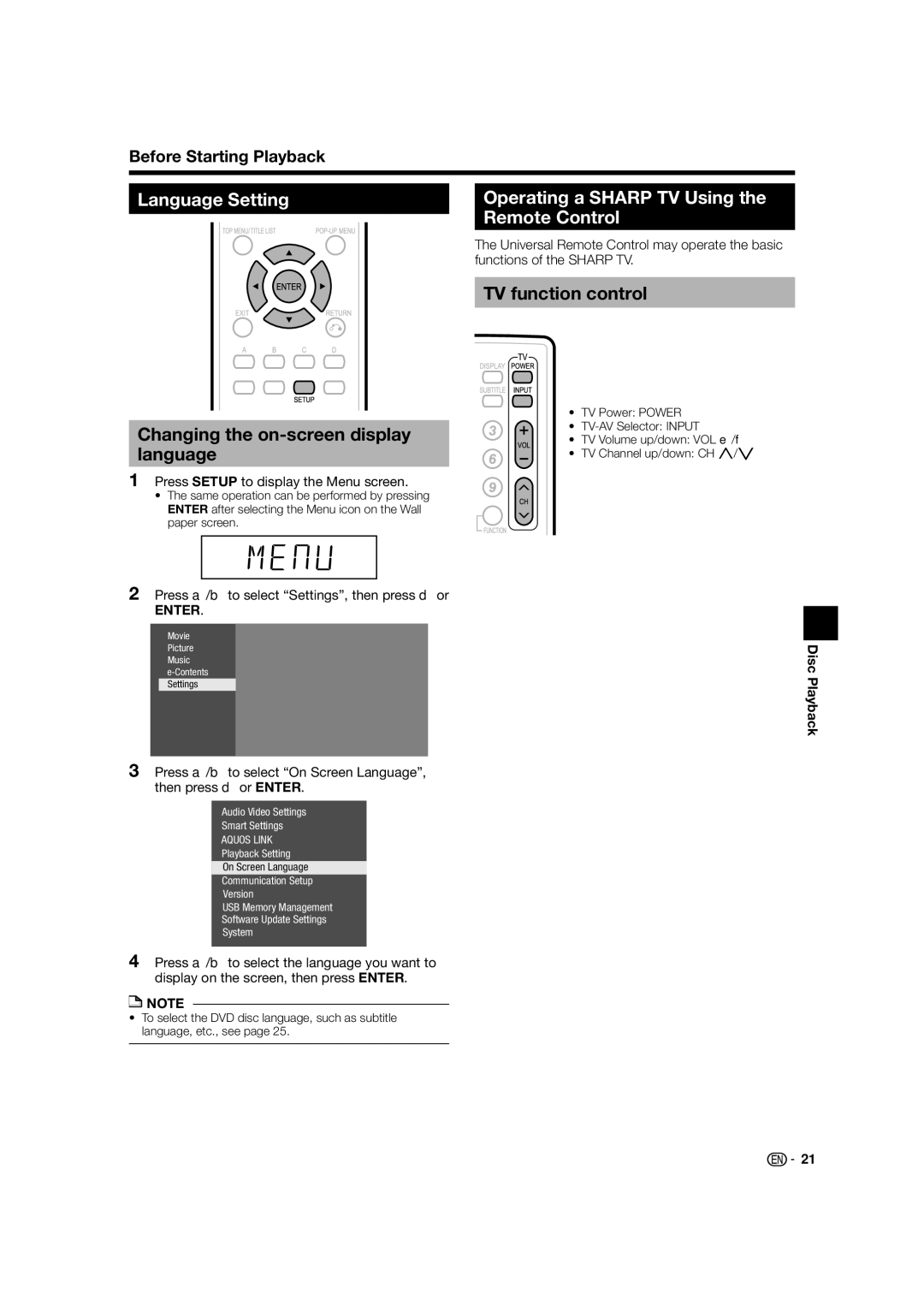 Sharp BD-HP52U Language Setting, Changing the on-screen display language, Operating a Sharp TV Using the Remote Control 