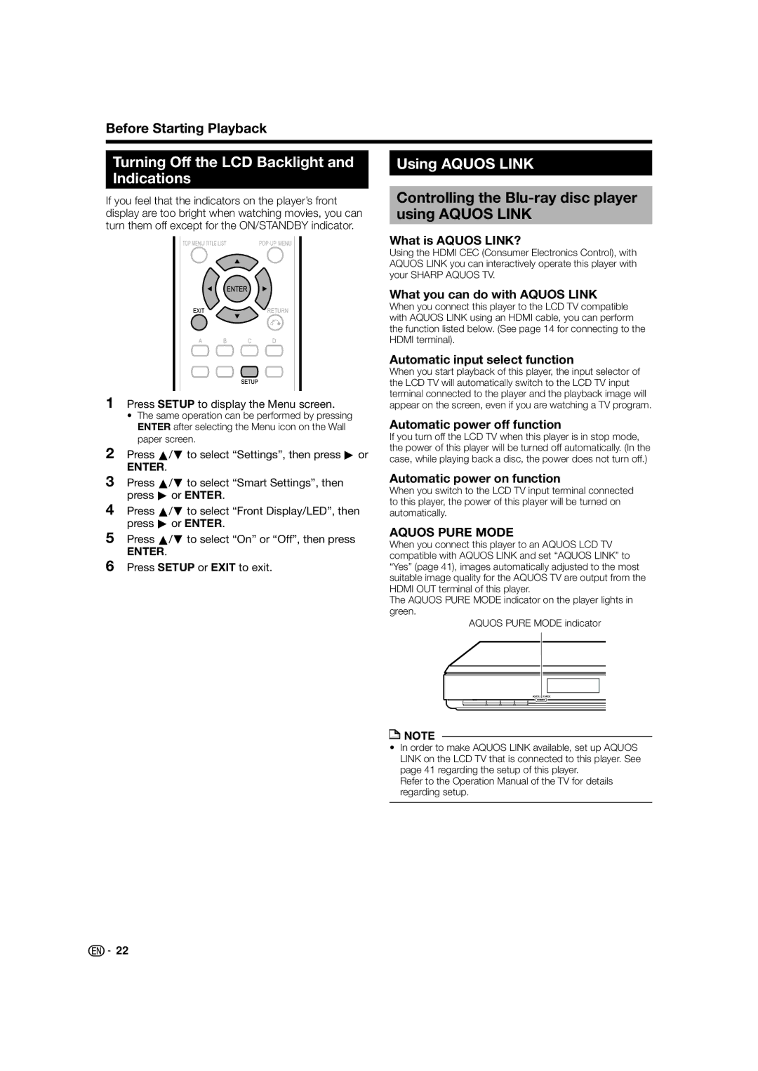 Sharp BD-HP52U operation manual Turning Off the LCD Backlight and Indications, Using Aquos Link 