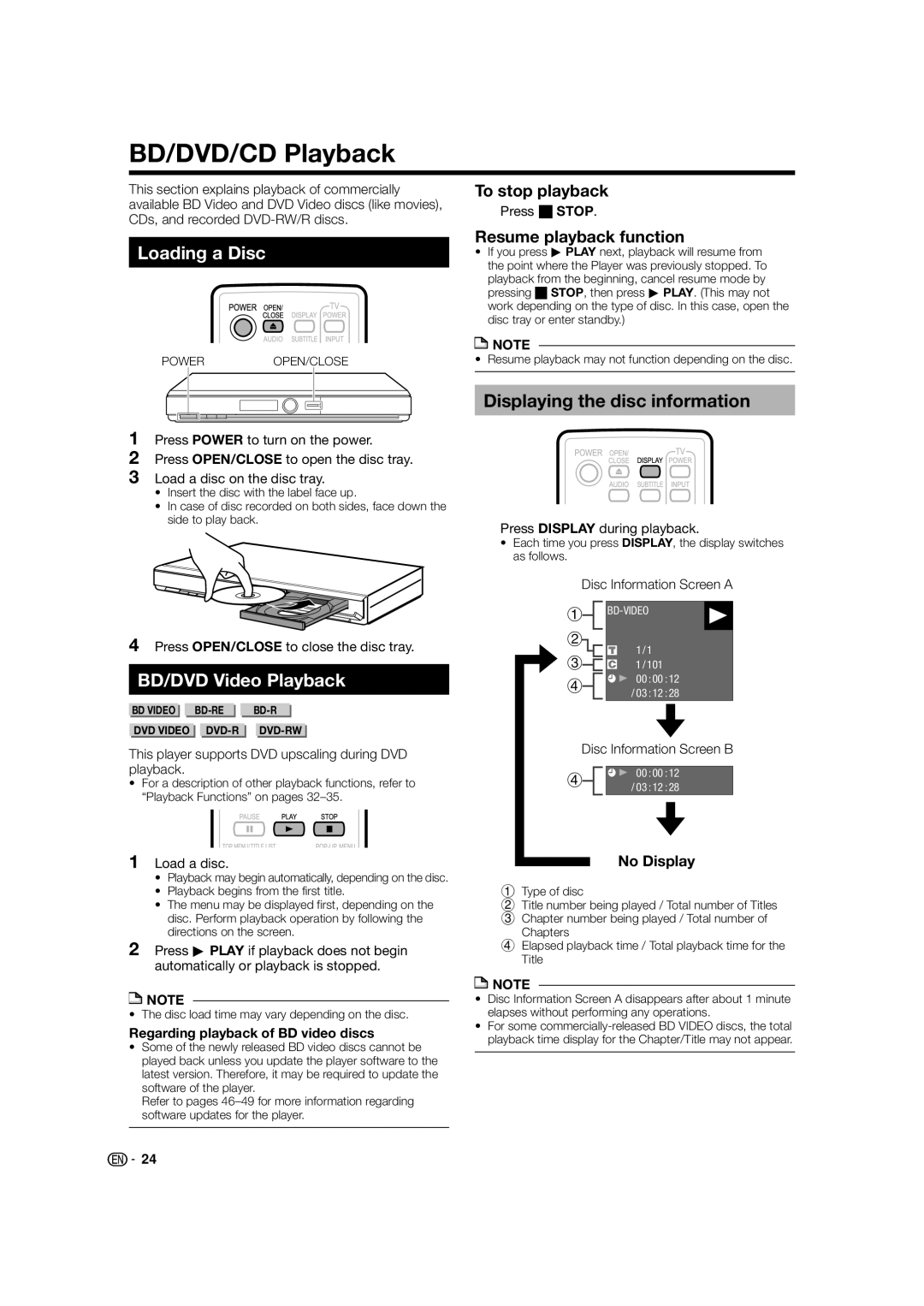 Sharp BD-HP52U operation manual BD/DVD/CD Playback, Loading a Disc, BD/DVD Video Playback, Displaying the disc information 