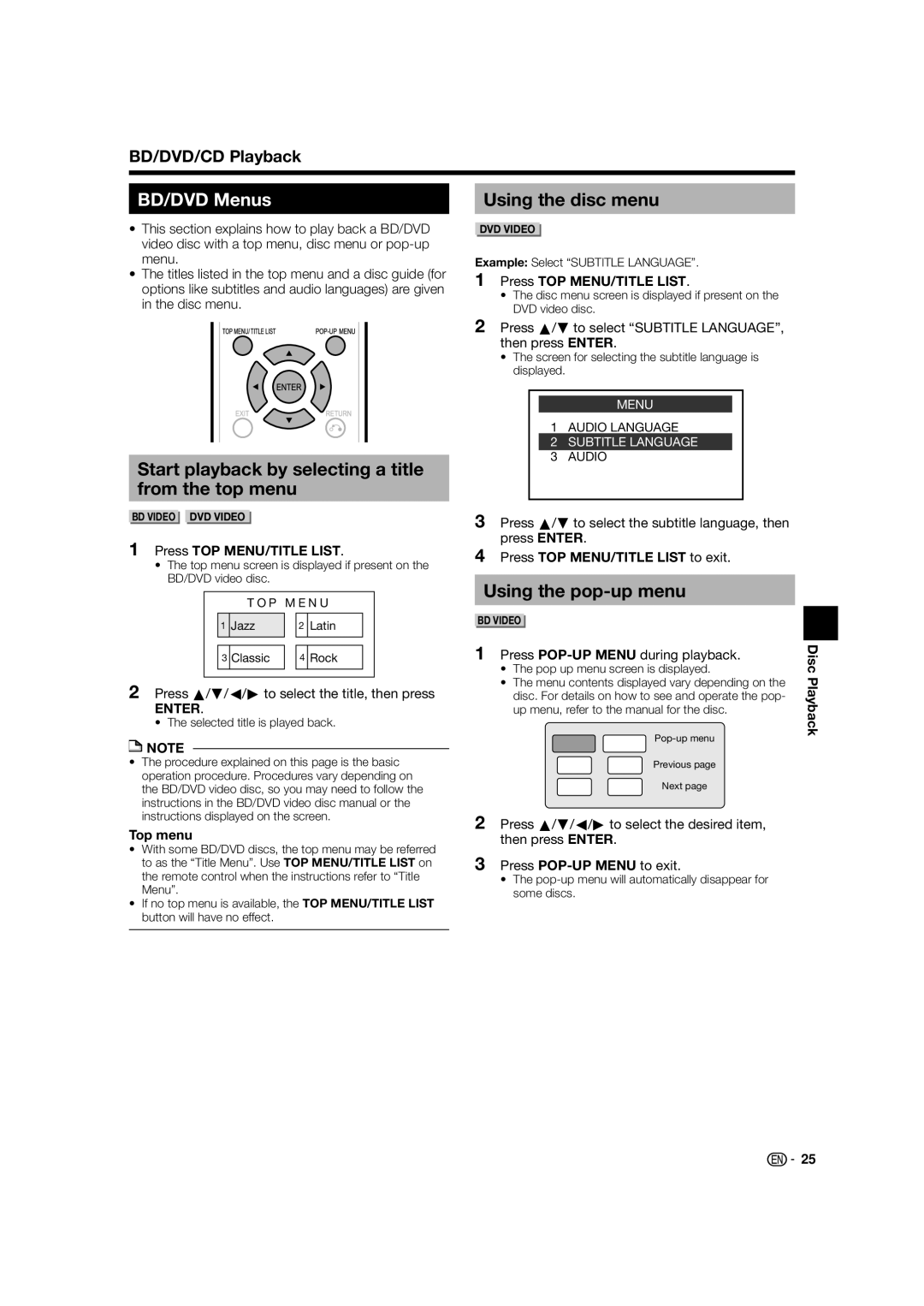 Sharp BD-HP52U operation manual BD/DVD Menus, Start playback by selecting a title from the top menu, Using the disc menu 