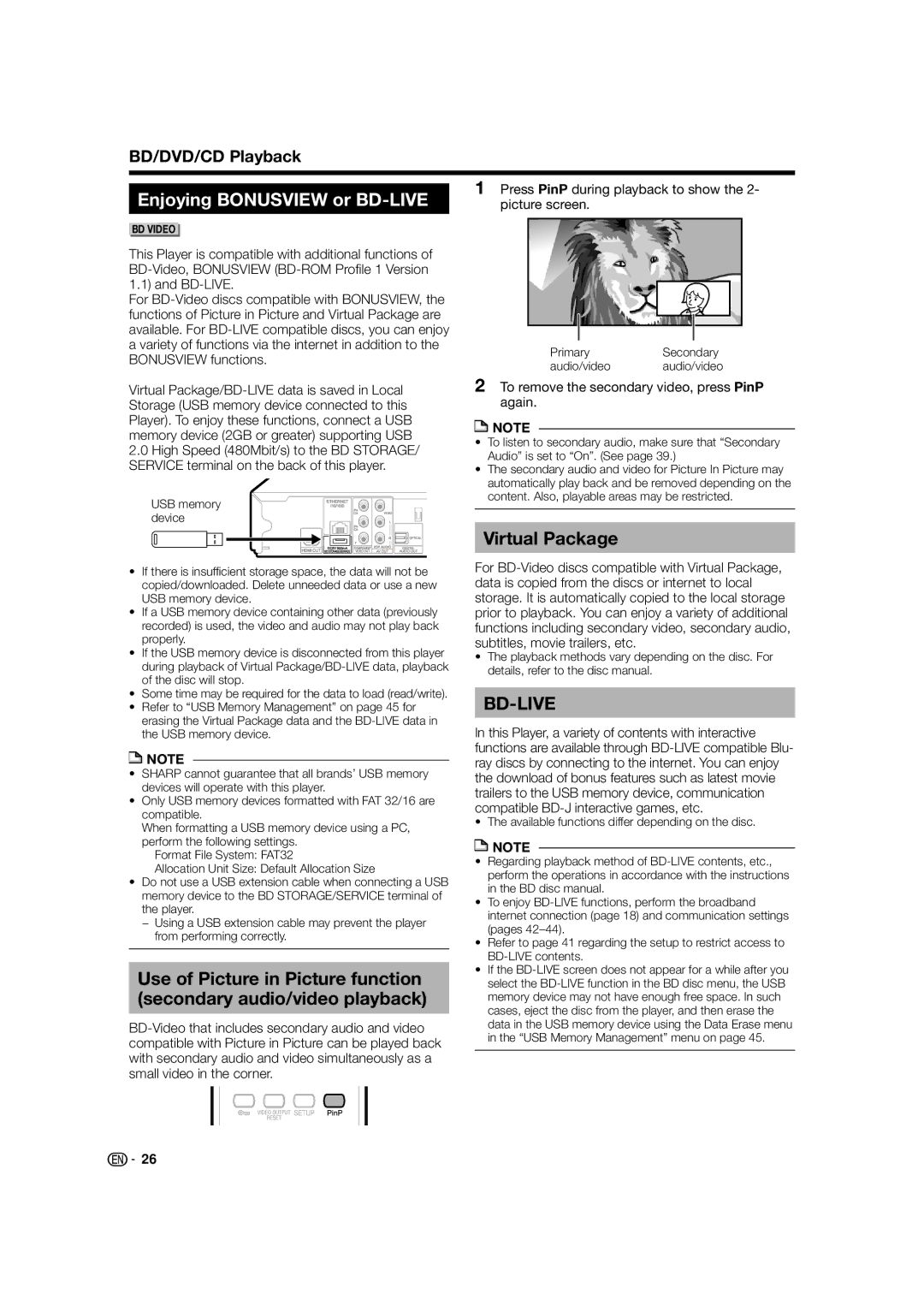 Sharp BD-HP52U Enjoying Bonusview or BD-LIVE, Virtual Package, To remove the secondary video, press PinP again 