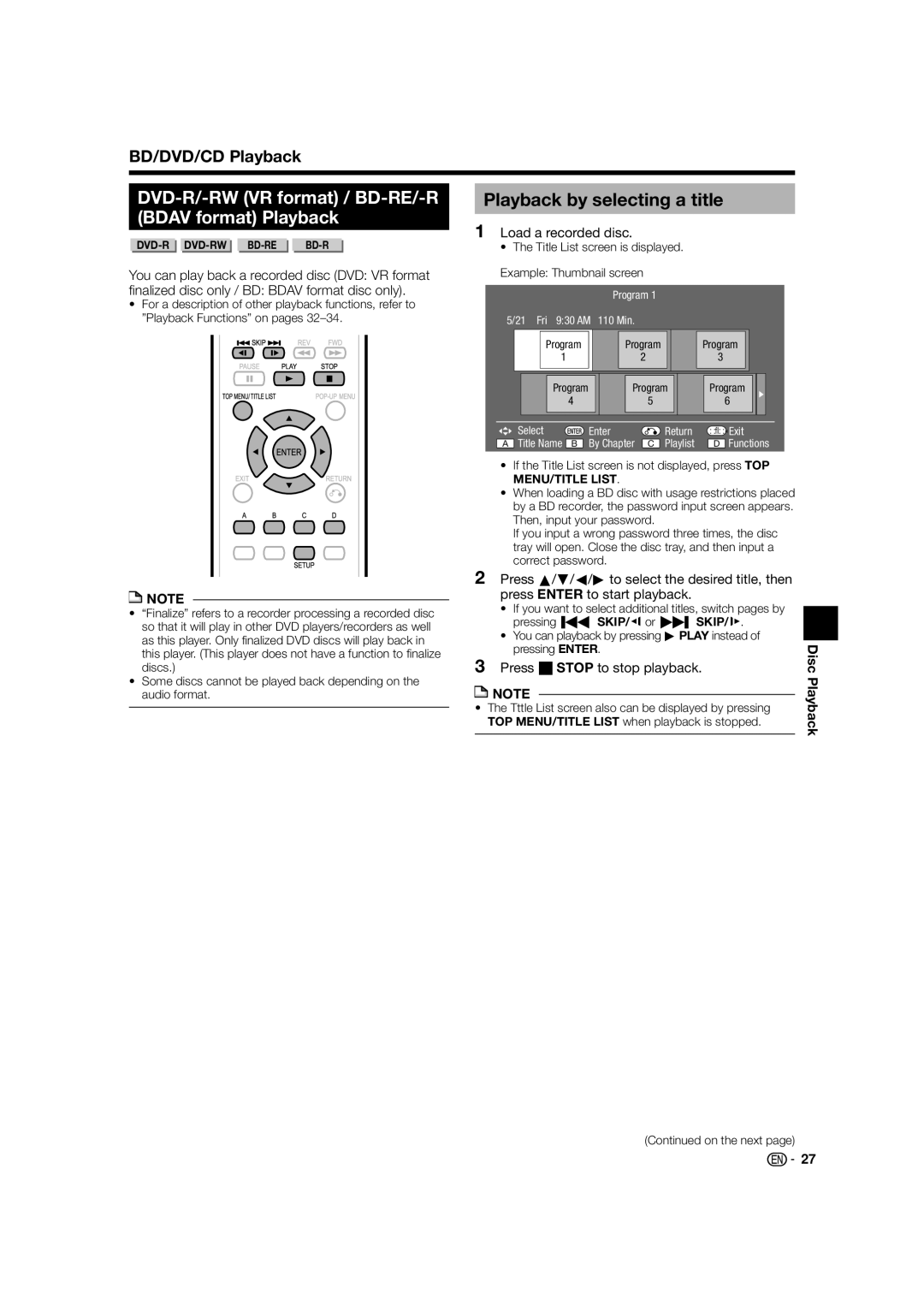 Sharp BD-HP52U DVD-R/-RW VR format / BD-RE/-R Bdav format Playback, Press Hstop to stop playback, On the next 