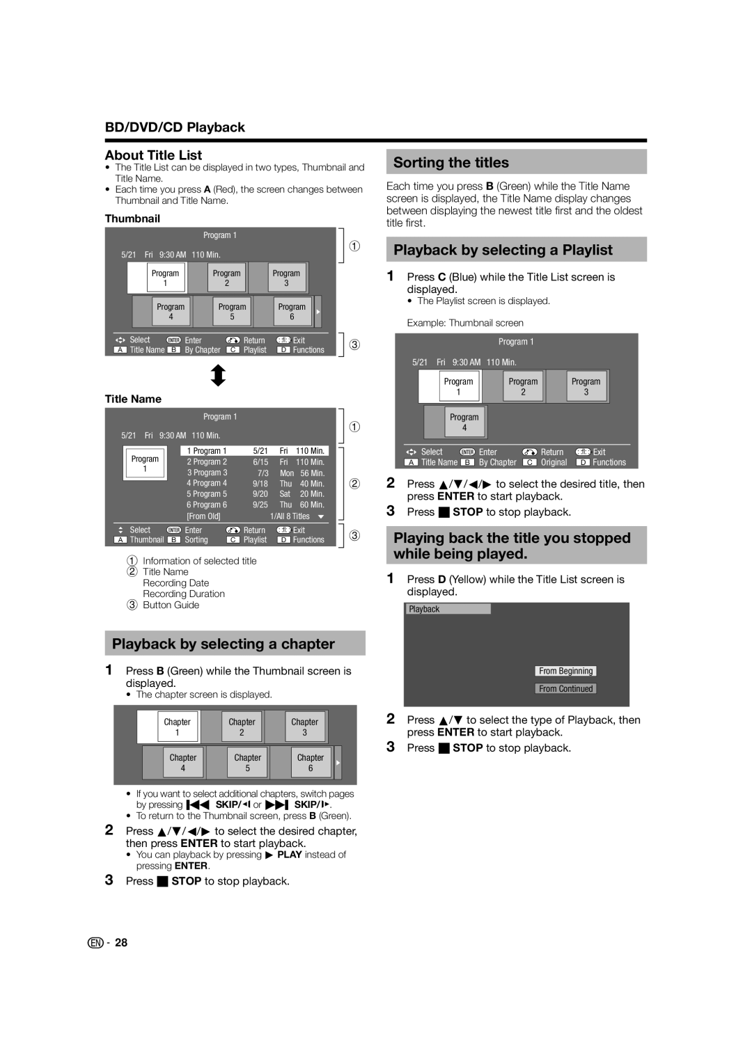 Sharp BD-HP52U Sorting the titles, Playback by selecting a Playlist, Playing back the title you stopped while being played 