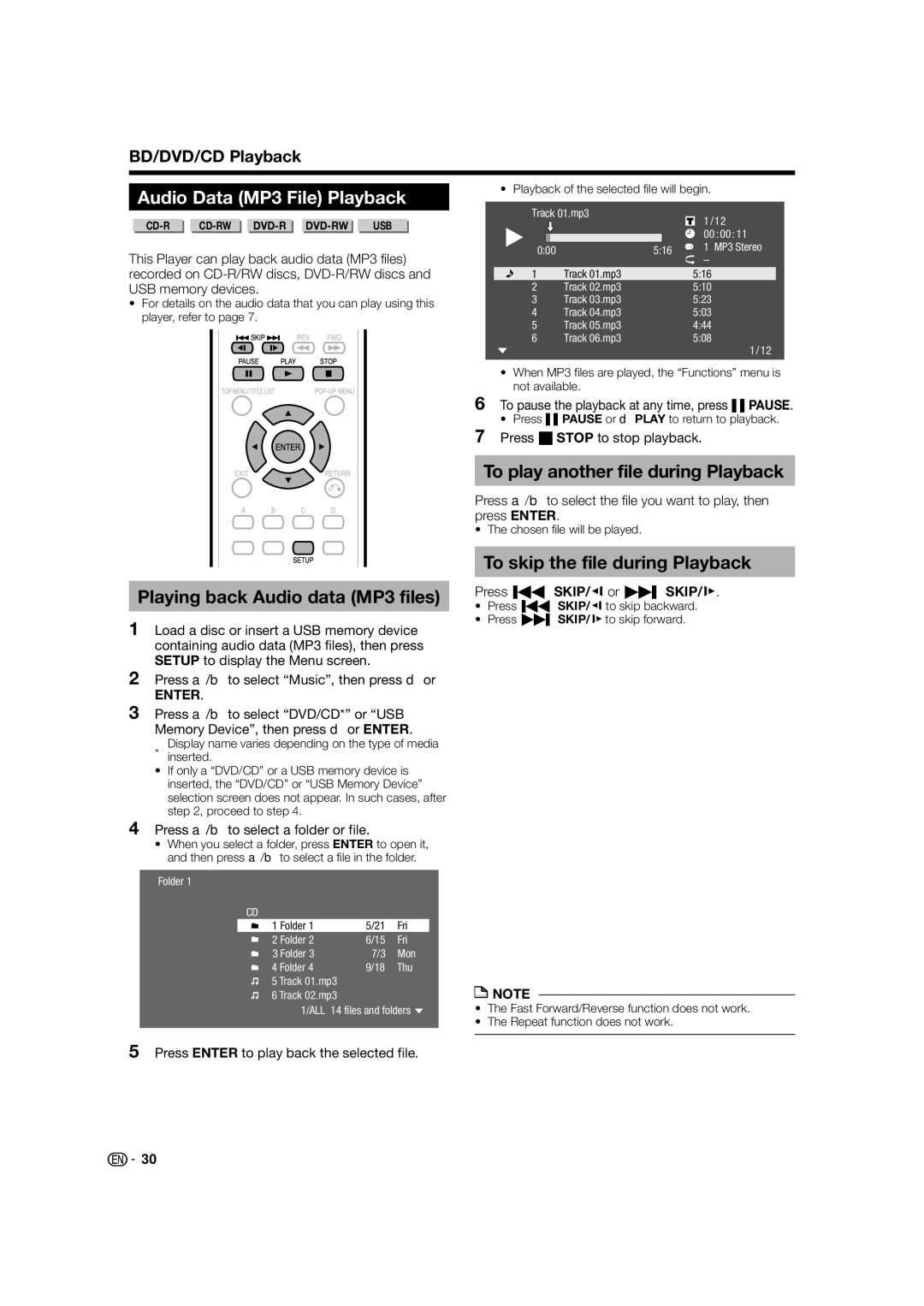 Sharp BD-HP52U Audio Data MP3 File Playback, Playing back Audio data MP3 files, To play another file during Playback 