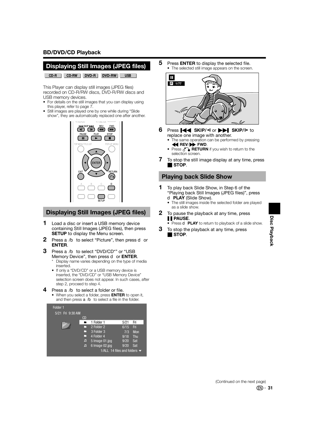 Sharp BD-HP52U operation manual Displaying Still Images Jpeg files, Playing back Slide Show 