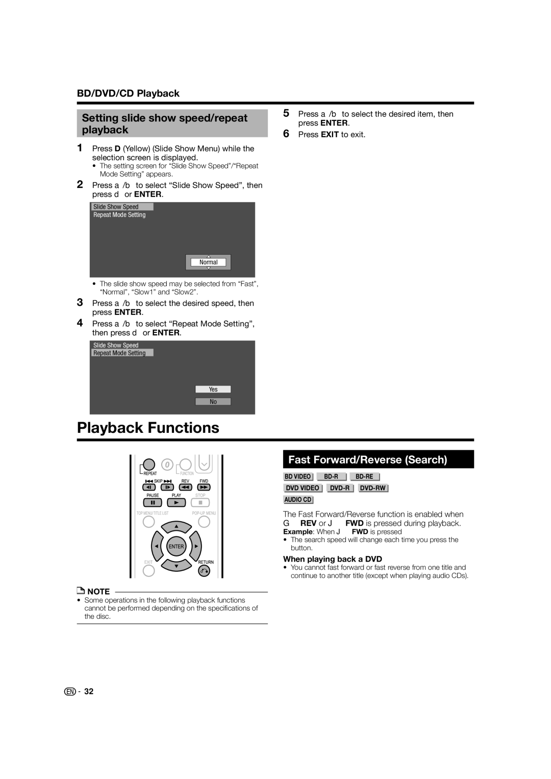 Sharp BD-HP52U operation manual Playback Functions, Setting slide show speed/repeat playback, Fast Forward/Reverse Search 