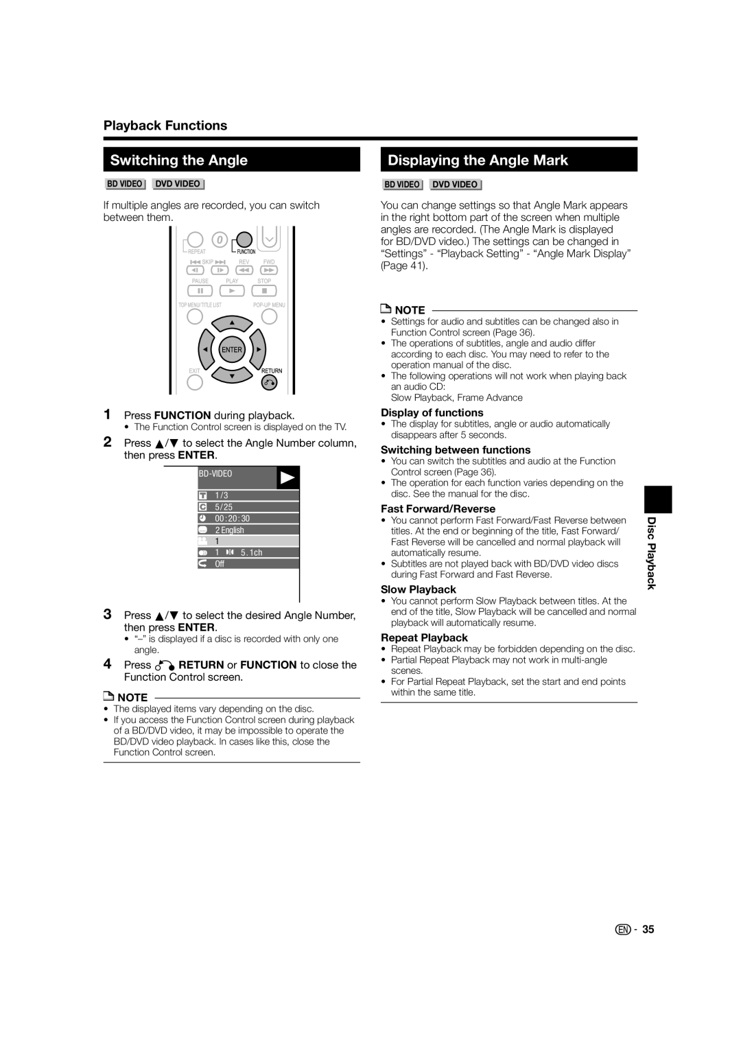 Sharp BD-HP52U operation manual Switching the Angle, Displaying the Angle Mark 