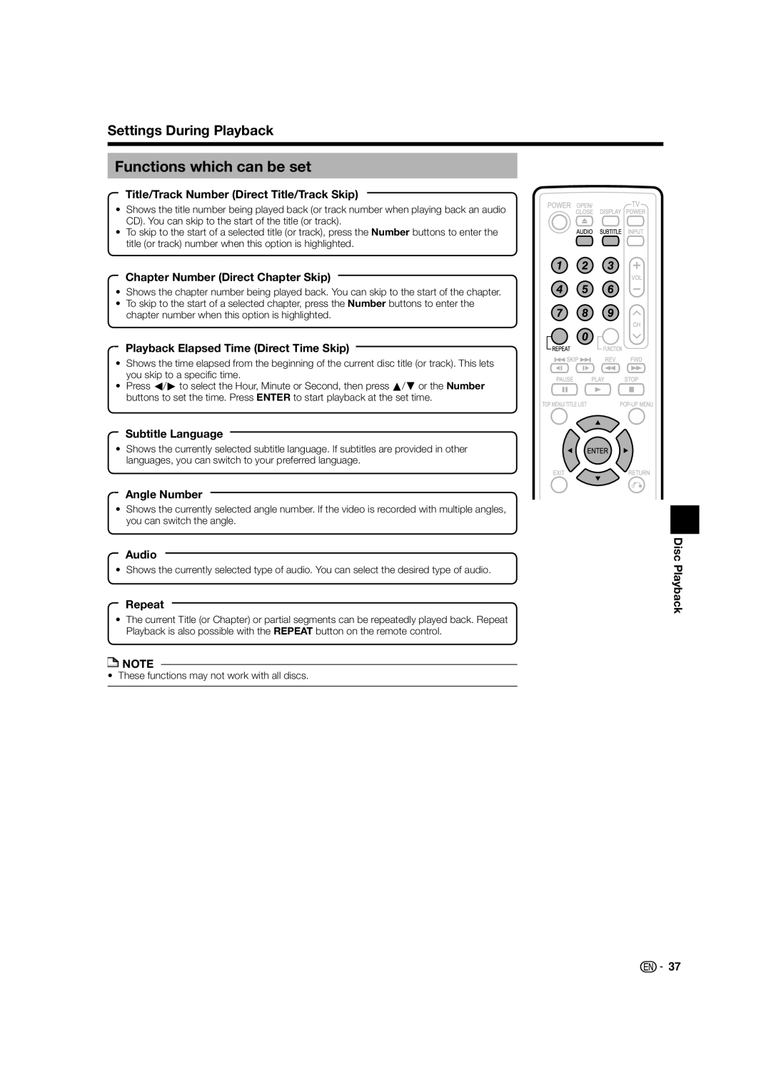 Sharp BD-HP52U operation manual Functions which can be set, Settings During Playback 