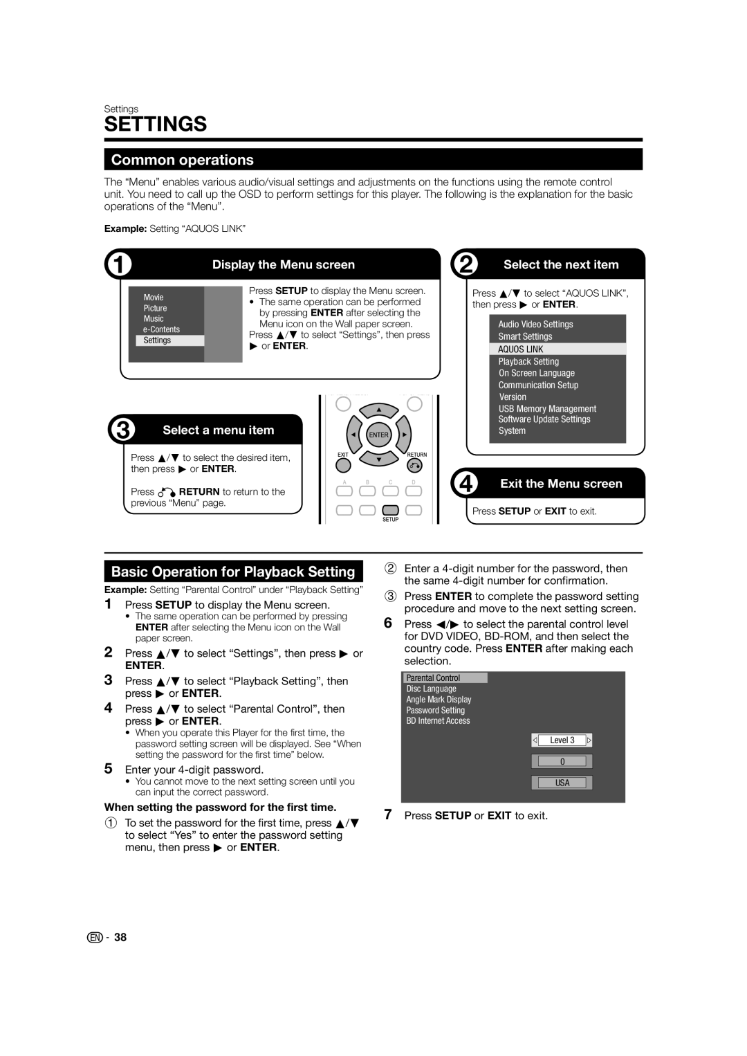 Sharp BD-HP52U operation manual Common operations, Basic Operation for Playback Setting, Enter your 4-digit password 