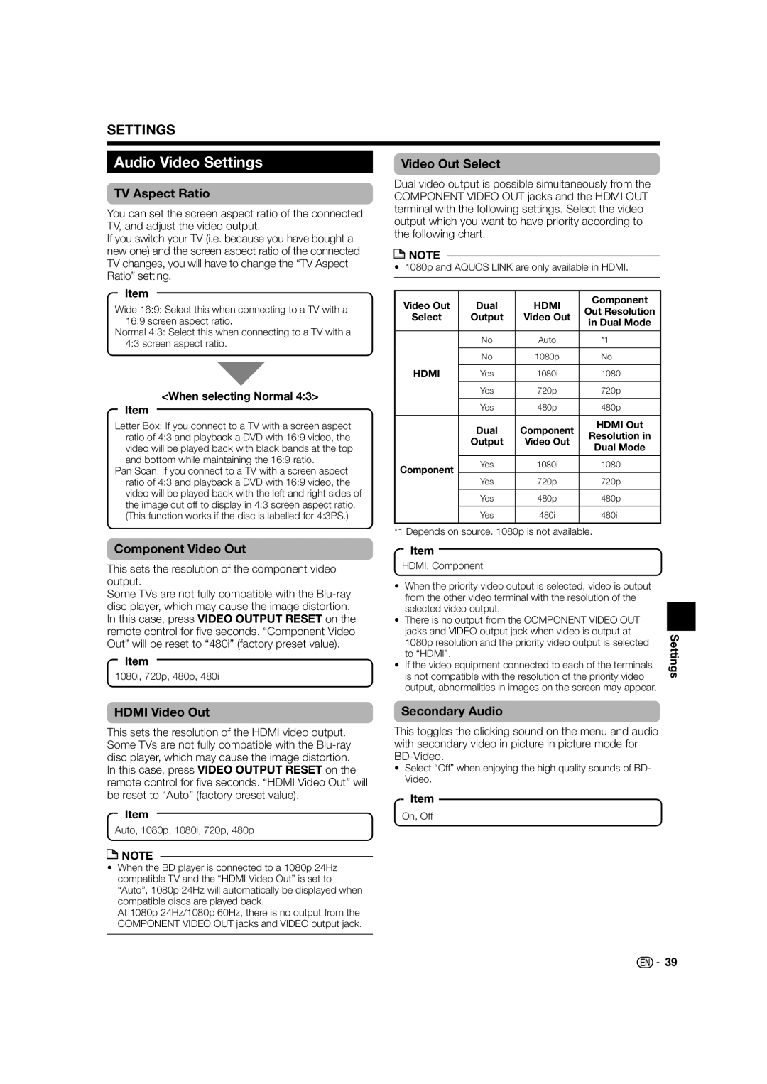 Sharp BD-HP52U operation manual Audio Video Settings 