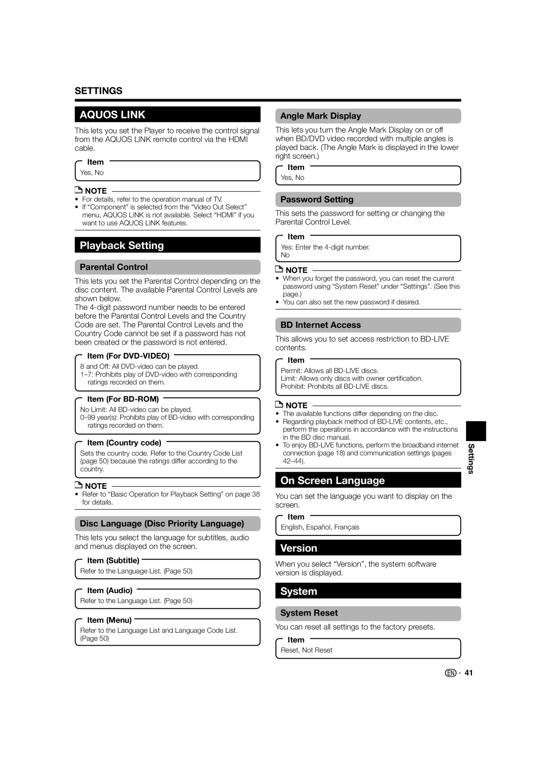 Sharp BD-HP52U operation manual Playback Setting, On Screen Language, Version, System 