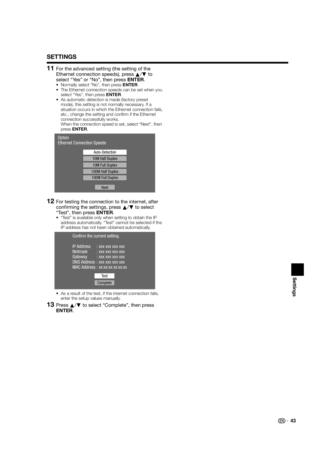 Sharp BD-HP52U operation manual Option Ethernet Connection Speeds, Press a/b to select Complete, then press 