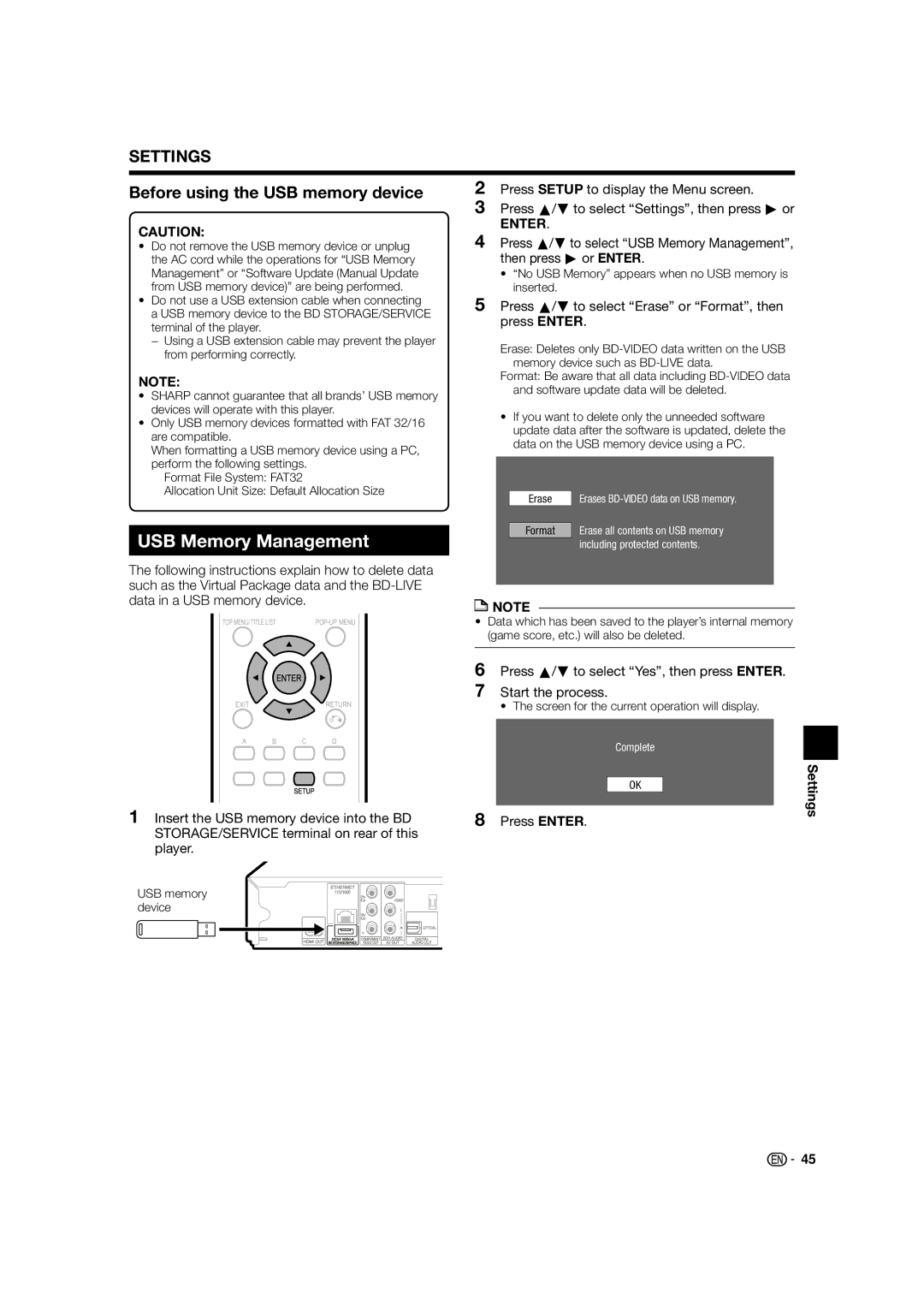 Sharp BD-HP52U operation manual USB Memory Management, Before using the USB memory device 