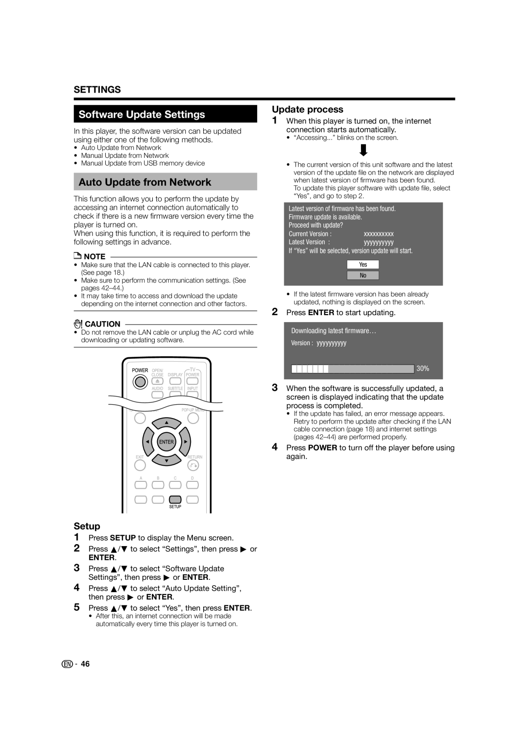 Sharp BD-HP52U operation manual Software Update Settings, Auto Update from Network, Update process, Setup 