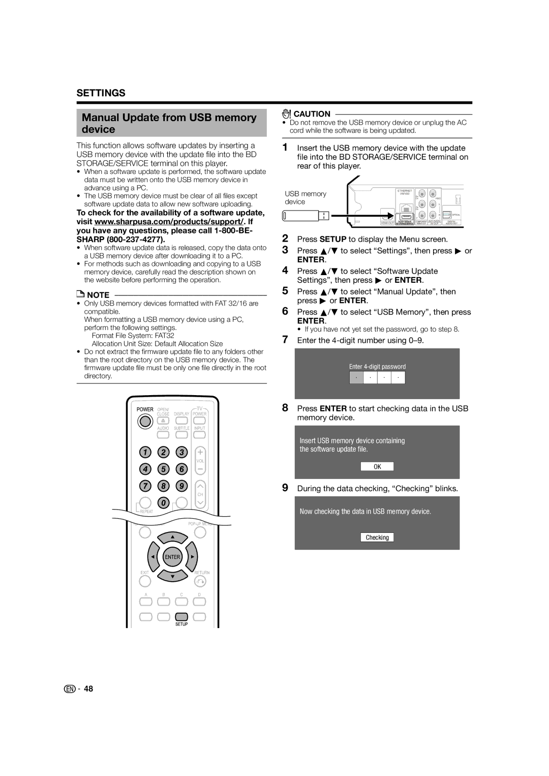 Sharp BD-HP52U operation manual Manual Update from USB memory device, Enter the 4-digit number using 