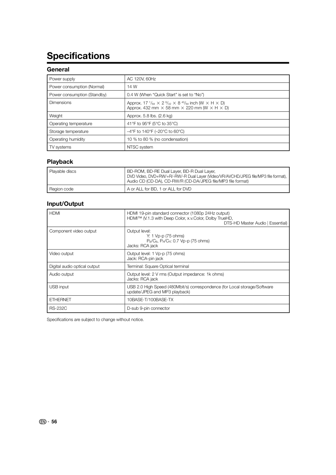 Sharp BD-HP52U operation manual Specifications, General, Playback, Input/Output 