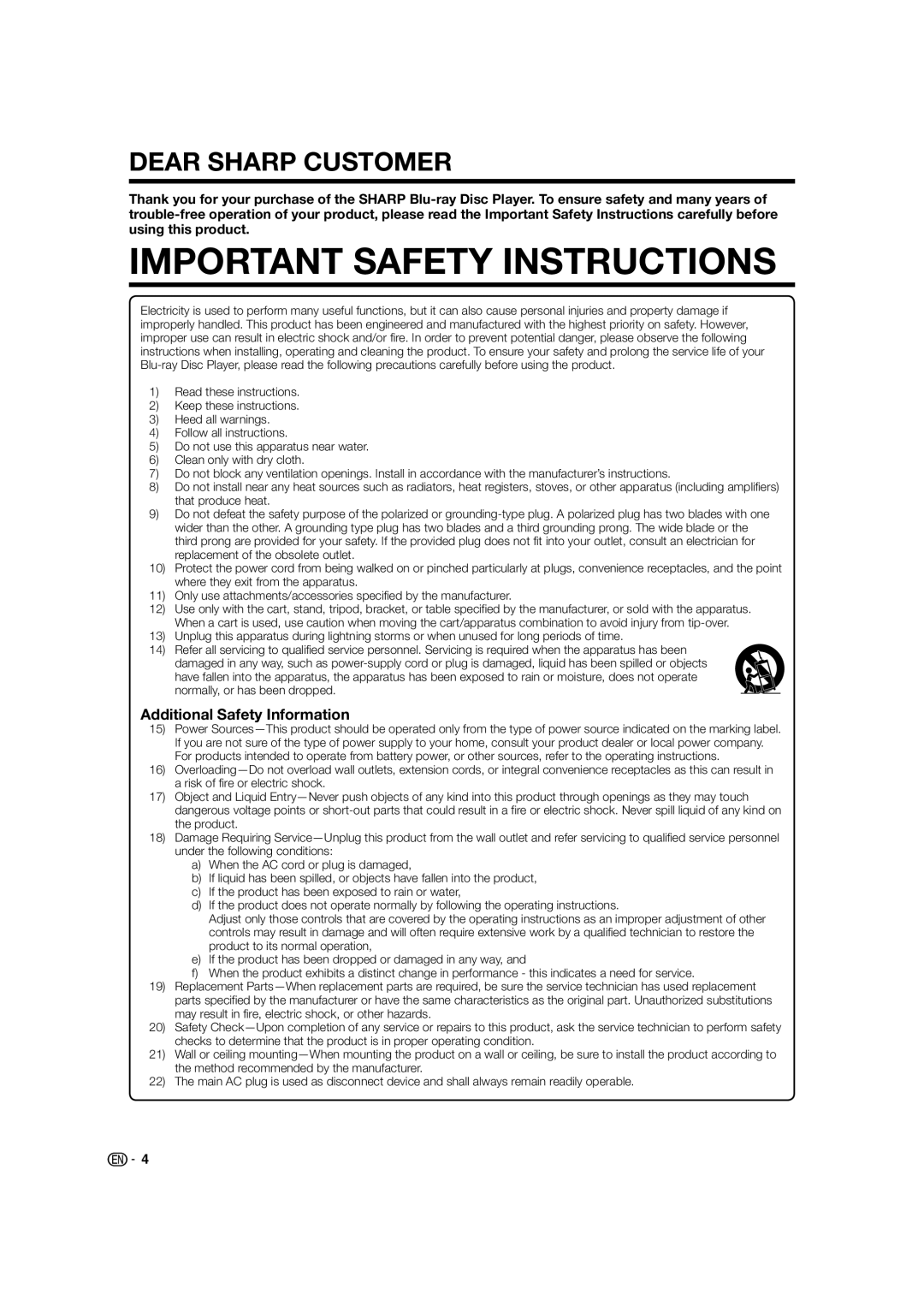 Sharp BD-HP52U operation manual Dear Sharp Customer, Additional Safety Information 