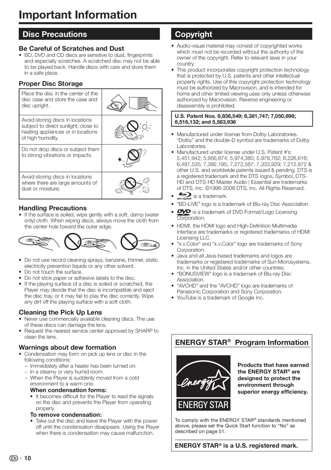 Sharp BD-HP70U, TINSEA548WJQZ Important Information, Disc Precautions, Copyright, Energy Star Program Information 