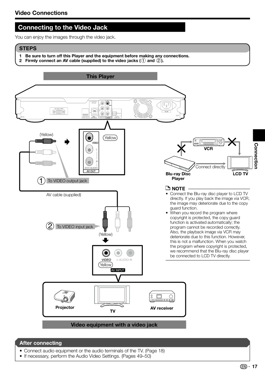 Sharp TINSEA548WJQZ Connecting to the Video Jack, Video equipment with a video jack, Yellow, To Video output jack 