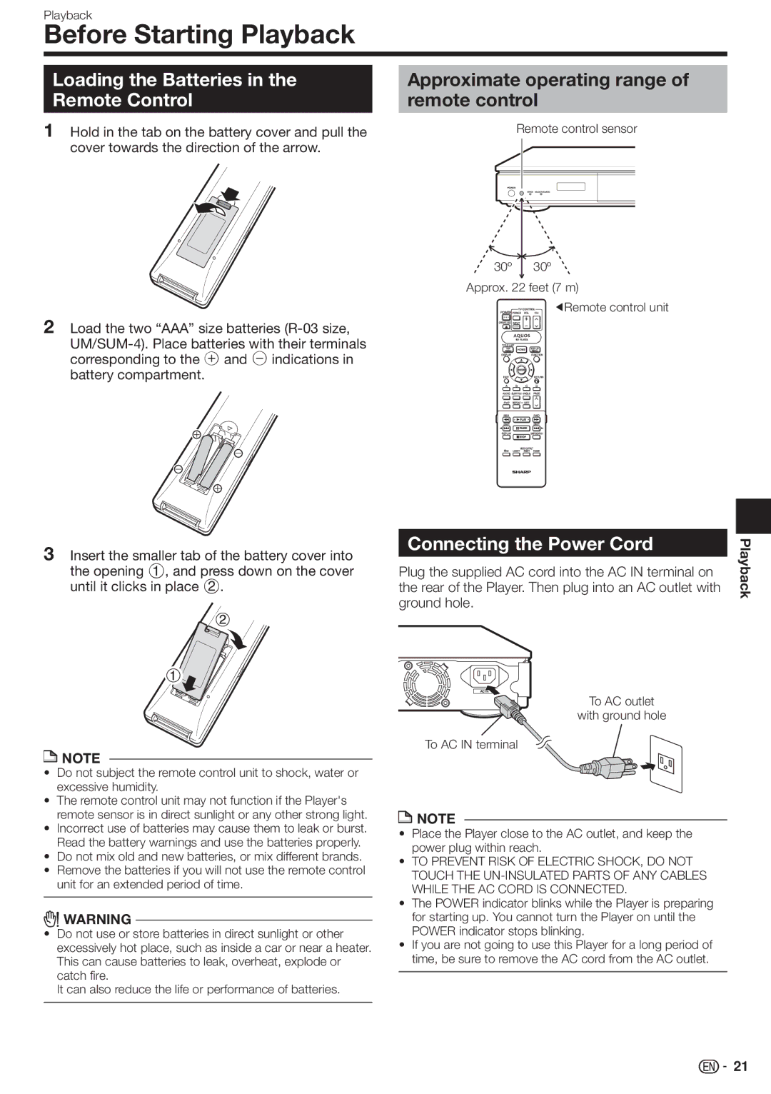 Sharp 10P03-CH-NG Before Starting Playback, Loading the Batteries in the Remote Control, Connecting the Power Cord 