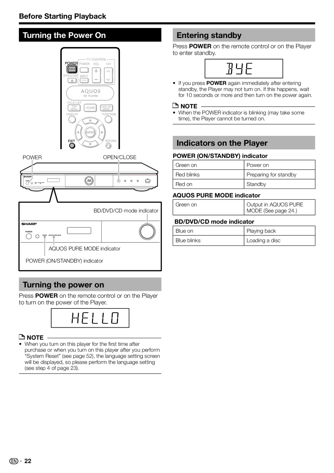 Sharp BD-HP70U, TINSEA548WJQZ Turning the Power On, Turning the power on, Entering standby, Indicators on the Player 