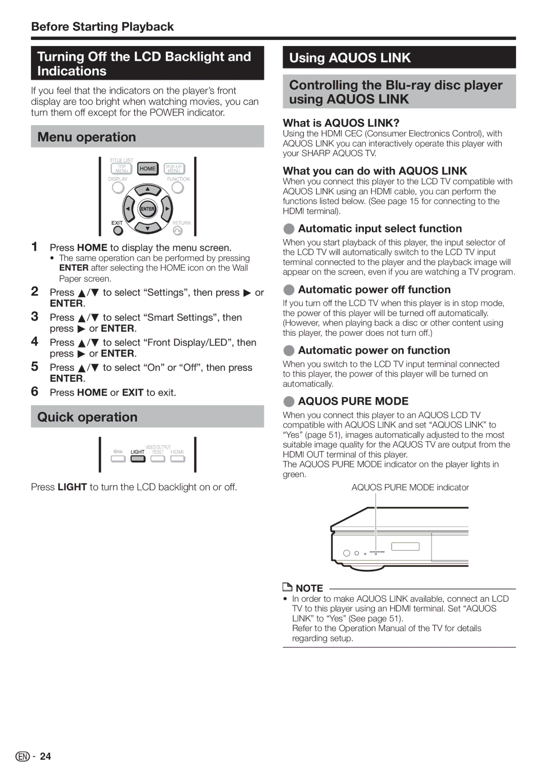 Sharp 10P03-CH-NG Turning Off the LCD Backlight and Indications, Menu operation, Quick operation, Using Aquos Link 