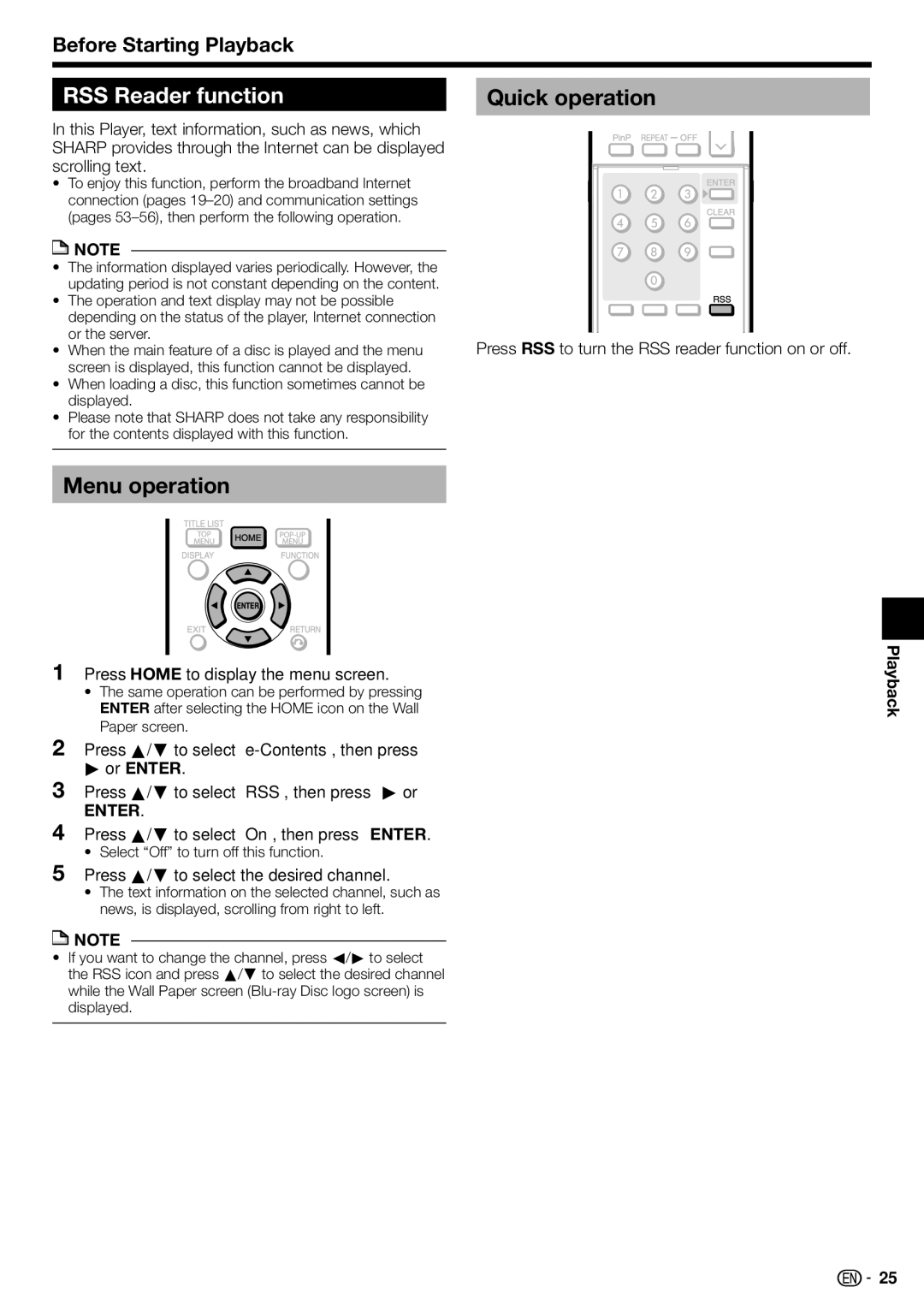 Sharp BD-HP70U, TINSEA548WJQZ RSS Reader function Quick operation, Press a/b to select e-Contents, then press d or Enter 