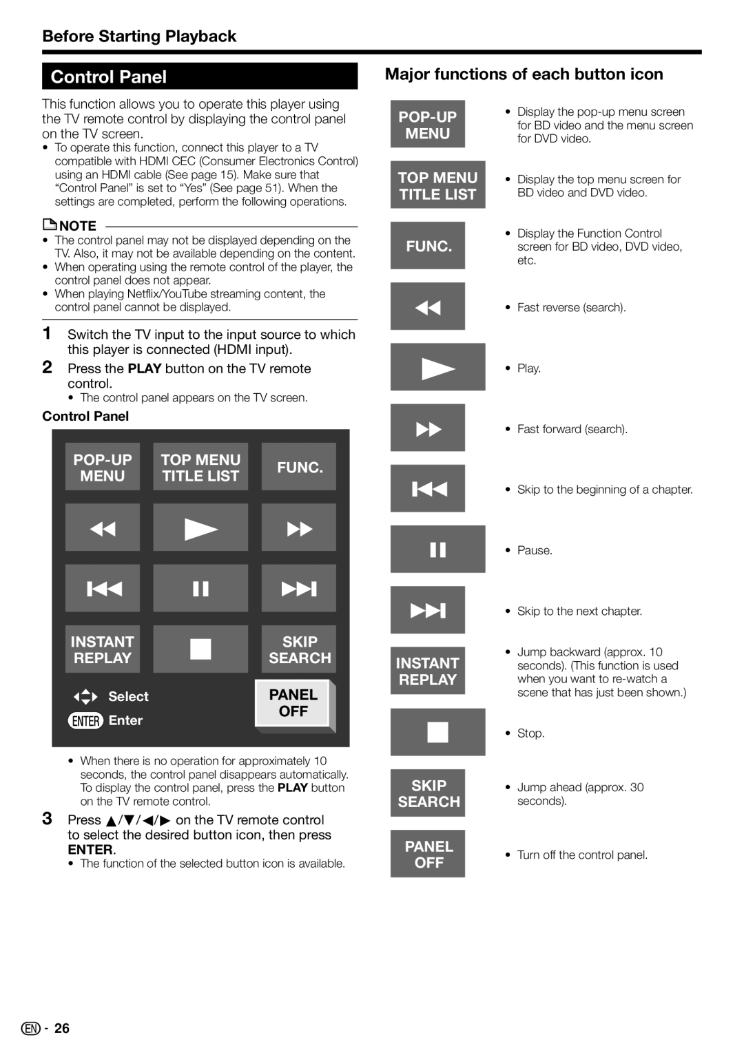 Sharp TINSEA548WJQZ, BD-HP70U Control Panel, Major functions of each button icon, Control panel appears on the TV screen 