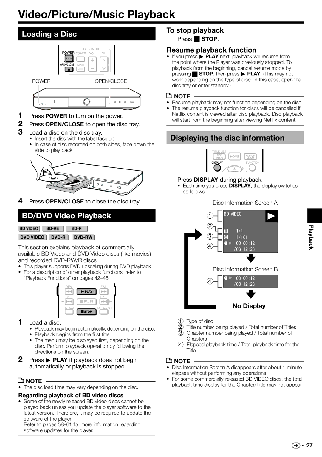 Sharp 10P03-CH-NG Video/Picture/Music Playback, Loading a Disc, Displaying the disc information, BD/DVD Video Playback 