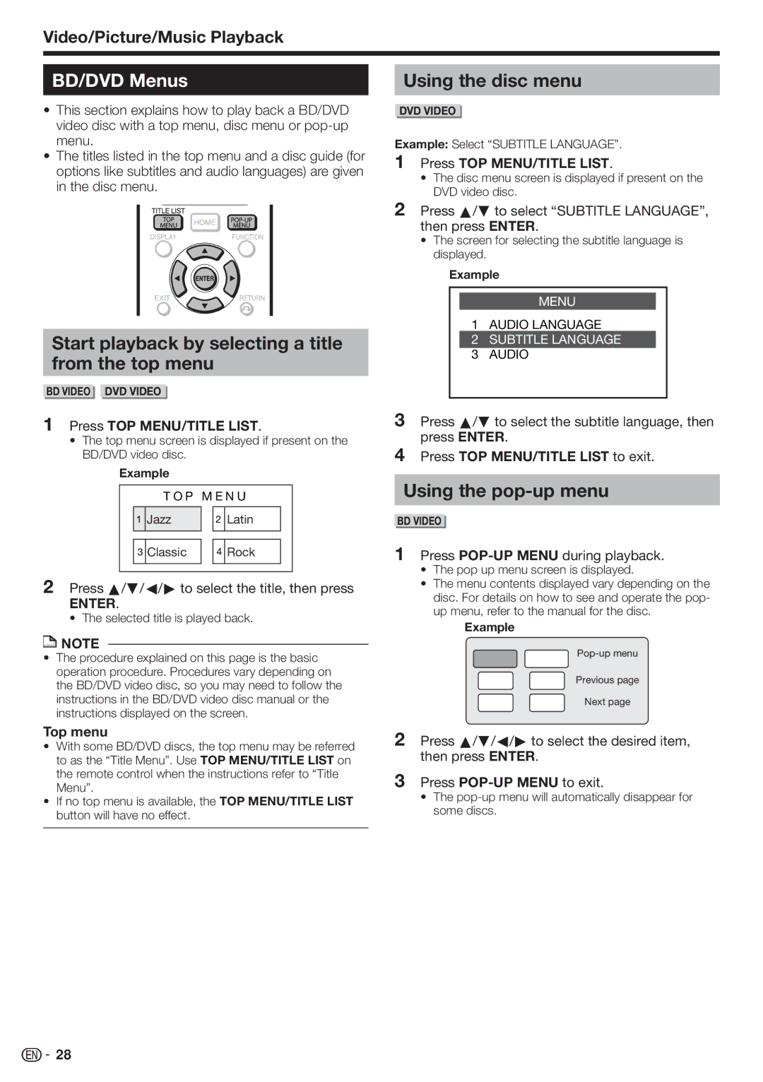 Sharp BD-HP70U, TINSEA548WJQZ BD/DVD Menus, Start playback by selecting a title from the top menu, Using the disc menu 