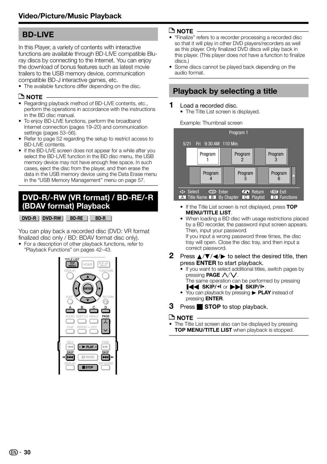 Sharp 10P03-CH-NG DVD-R/-RW VR format / BD-RE/-R Bdav format Playback, Playback by selecting a title, Load a recorded disc 