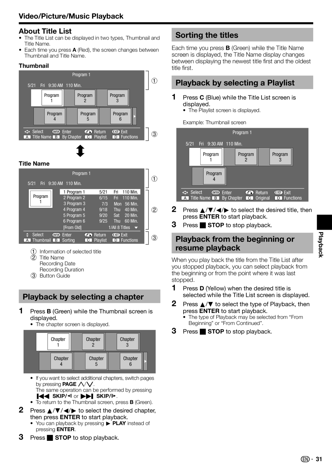 Sharp BD-HP70U Sorting the titles, Playback by selecting a Playlist, Playback from the beginning or resume playback 