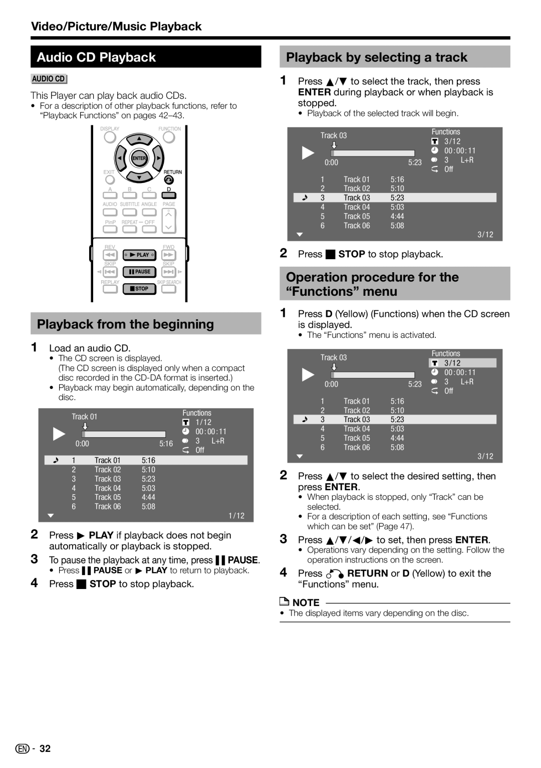 Sharp TINSEA548WJQZ, BD-HP70U, 10P03-CH-NG Audio CD Playback, Playback from the beginning, Playback by selecting a track 