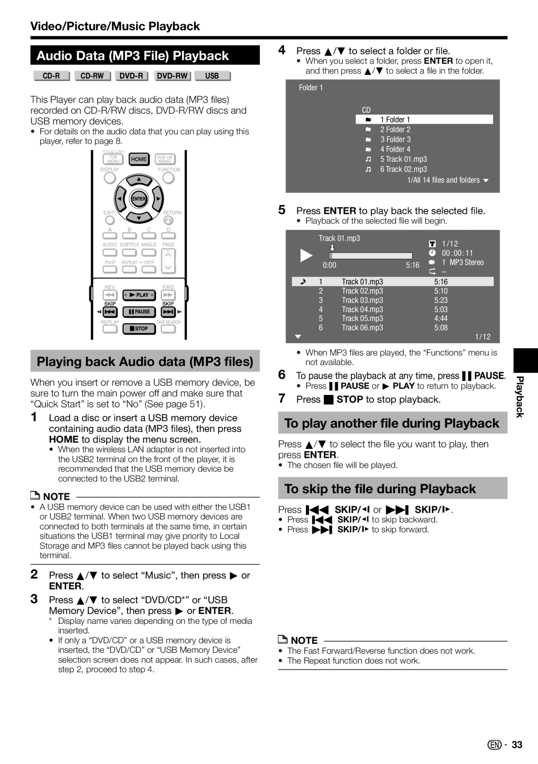 Sharp 10P03-CH-NG Audio Data MP3 File Playback, Playing back Audio data MP3 files, To play another file during Playback 