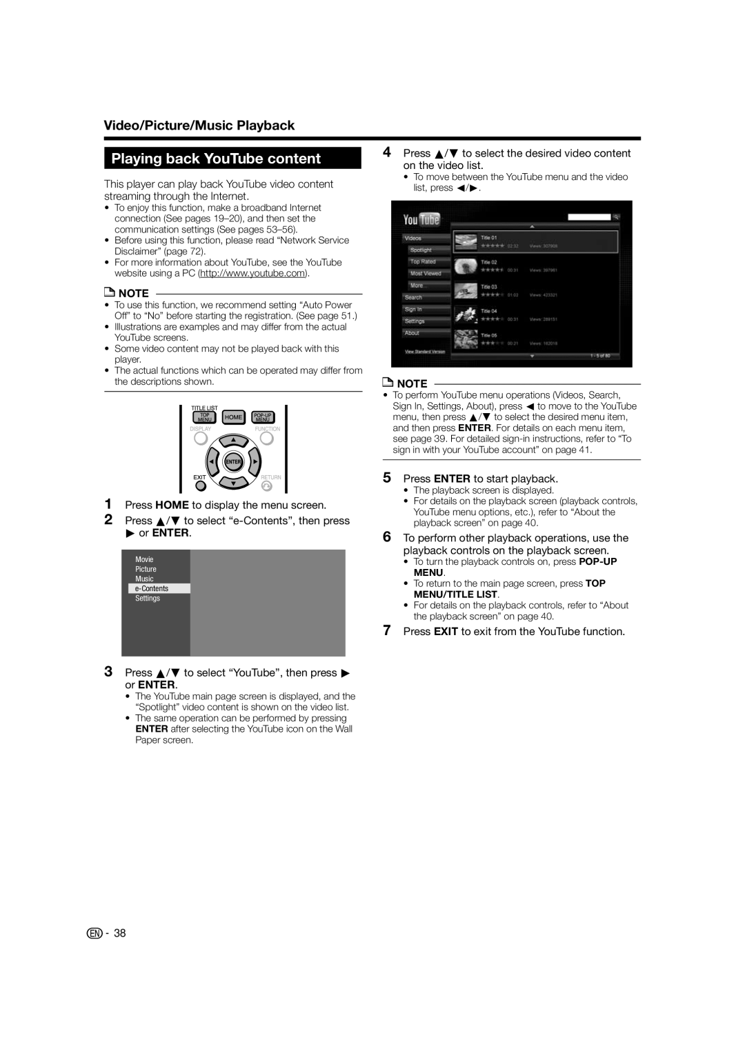 Sharp TINSEA548WJQZ, BD-HP70U, 10P03-CH-NG Playing back YouTube content, Press a/b to select YouTube, then press d or Enter 