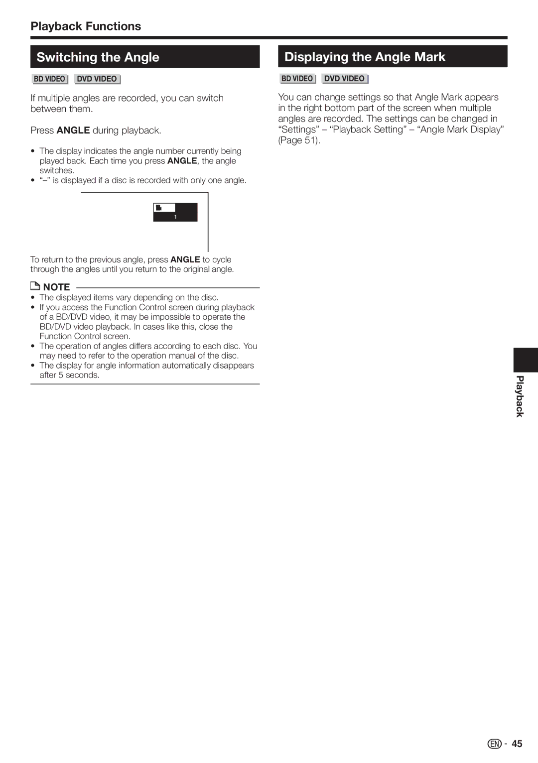 Sharp 10P03-CH-NG, BD-HP70U, TINSEA548WJQZ operation manual Switching the Angle, Displaying the Angle Mark, After 5 seconds 