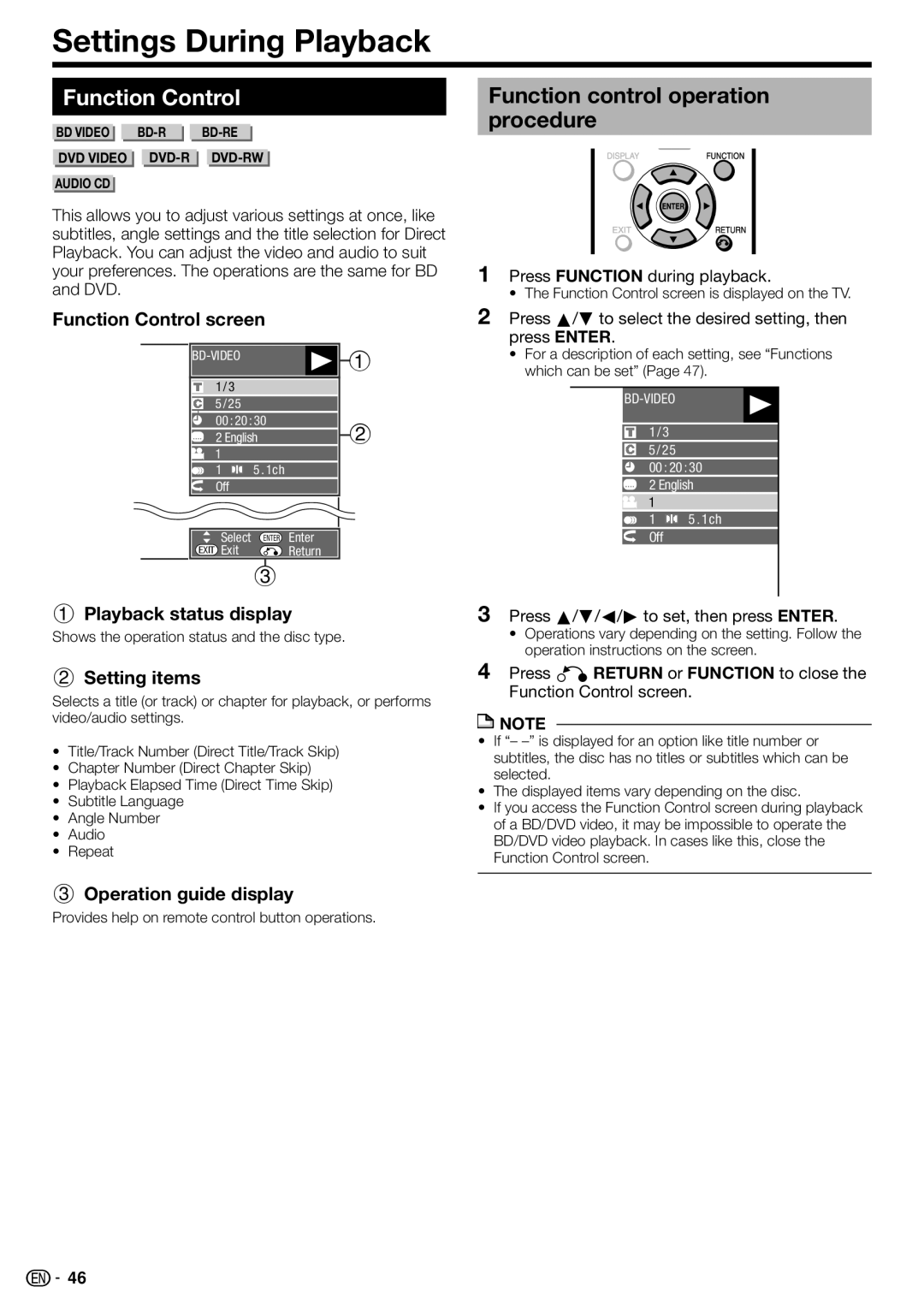 Sharp BD-HP70U, TINSEA548WJQZ, 10P03-CH-NG Settings During Playback, Function Control, Function control operation procedure 