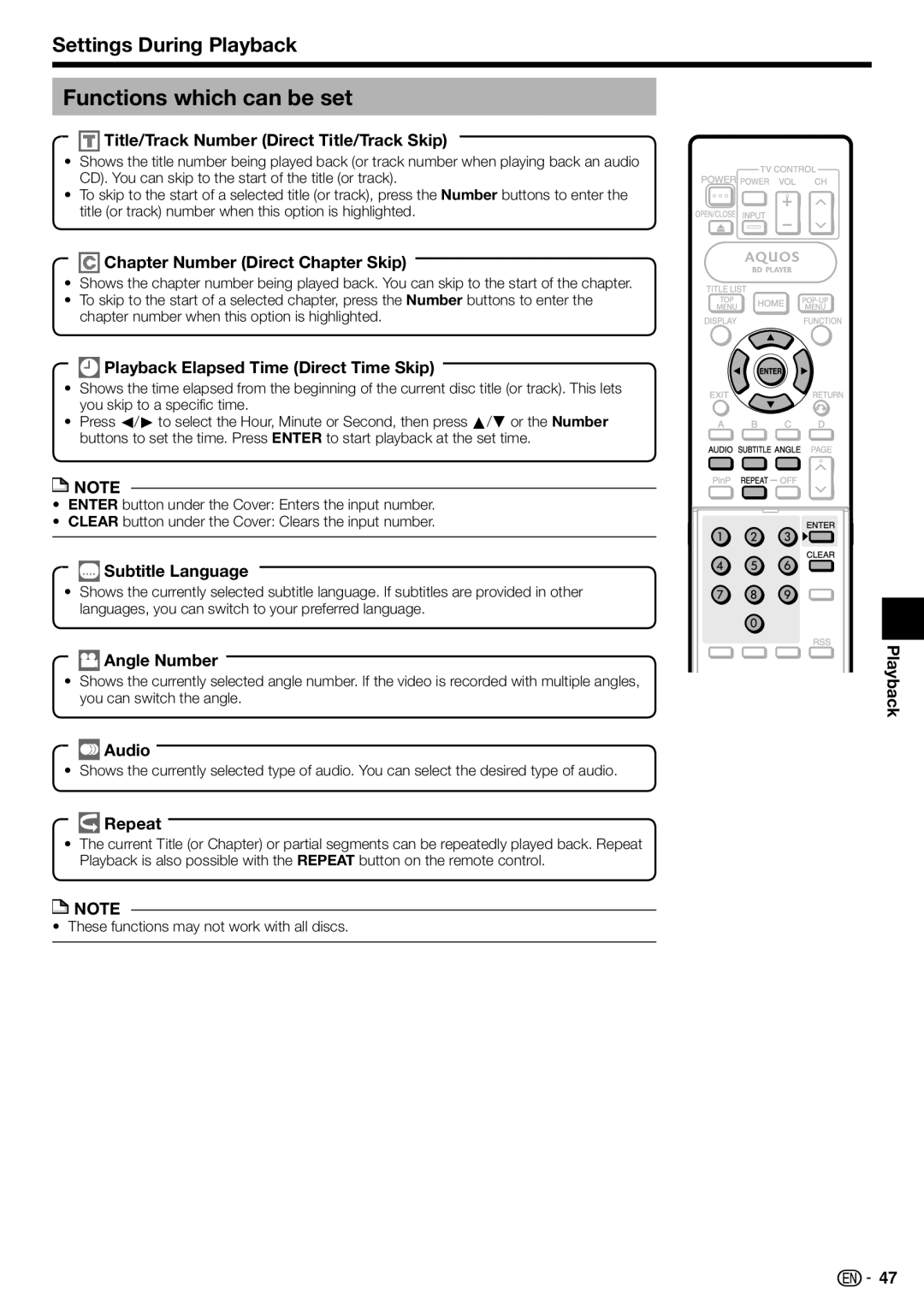 Sharp TINSEA548WJQZ, BD-HP70U, 10P03-CH-NG operation manual Functions which can be set, Settings During Playback 