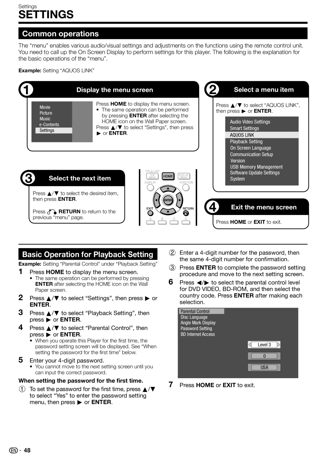 Sharp 10P03-CH-NG, BD-HP70U Common operations, Basic Operation for Playback Setting, Enter your 4-digit password 