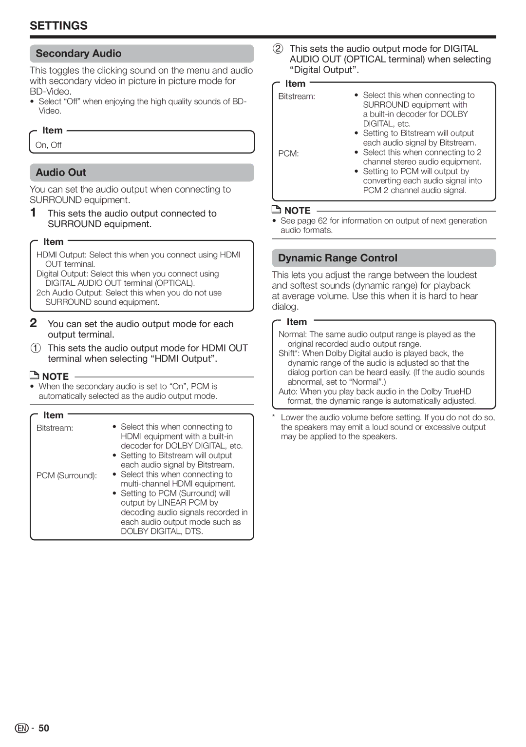 Sharp TINSEA548WJQZ, BD-HP70U, 10P03-CH-NG operation manual Secondary Audio, Audio Out, Dynamic Range Control 