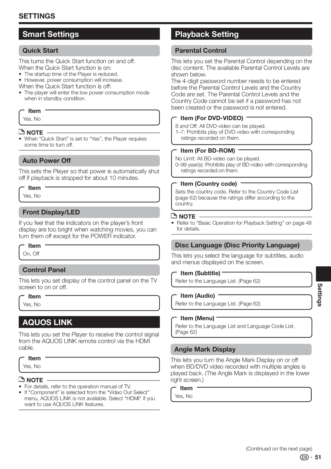 Sharp 10P03-CH-NG, BD-HP70U, TINSEA548WJQZ operation manual Smart Settings, Playback Setting 