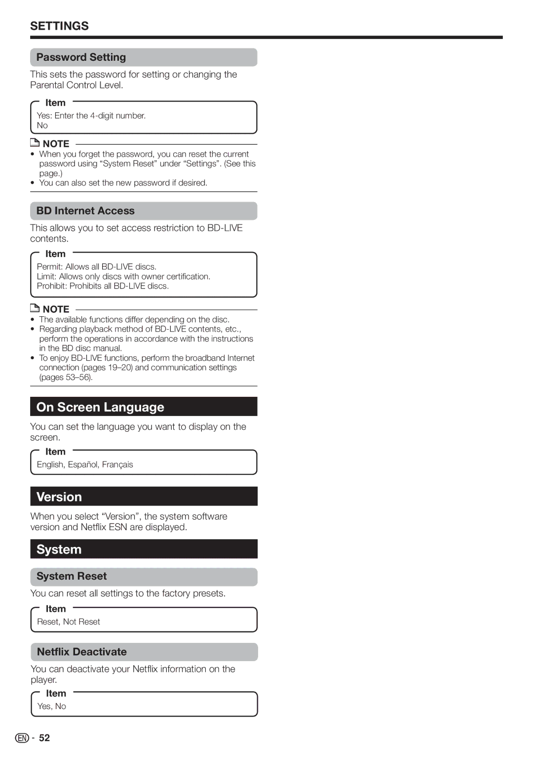 Sharp BD-HP70U, TINSEA548WJQZ, 10P03-CH-NG operation manual On Screen Language, Version, System 