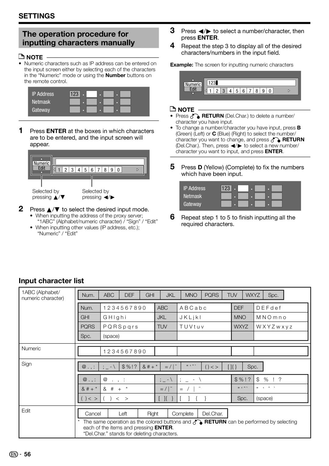 Sharp TINSEA548WJQZ Operation procedure for inputting characters manually, Input character list, Required characters 