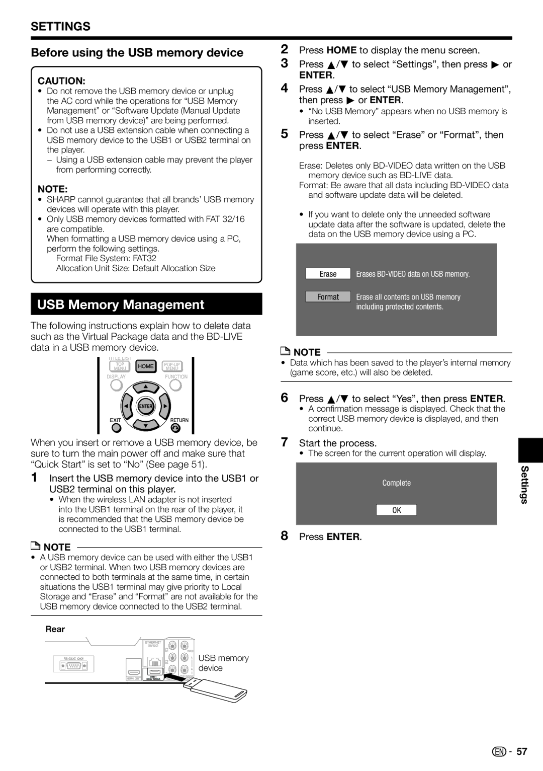 Sharp 10P03-CH-NG, BD-HP70U, TINSEA548WJQZ operation manual USB Memory Management, Before using the USB memory device 