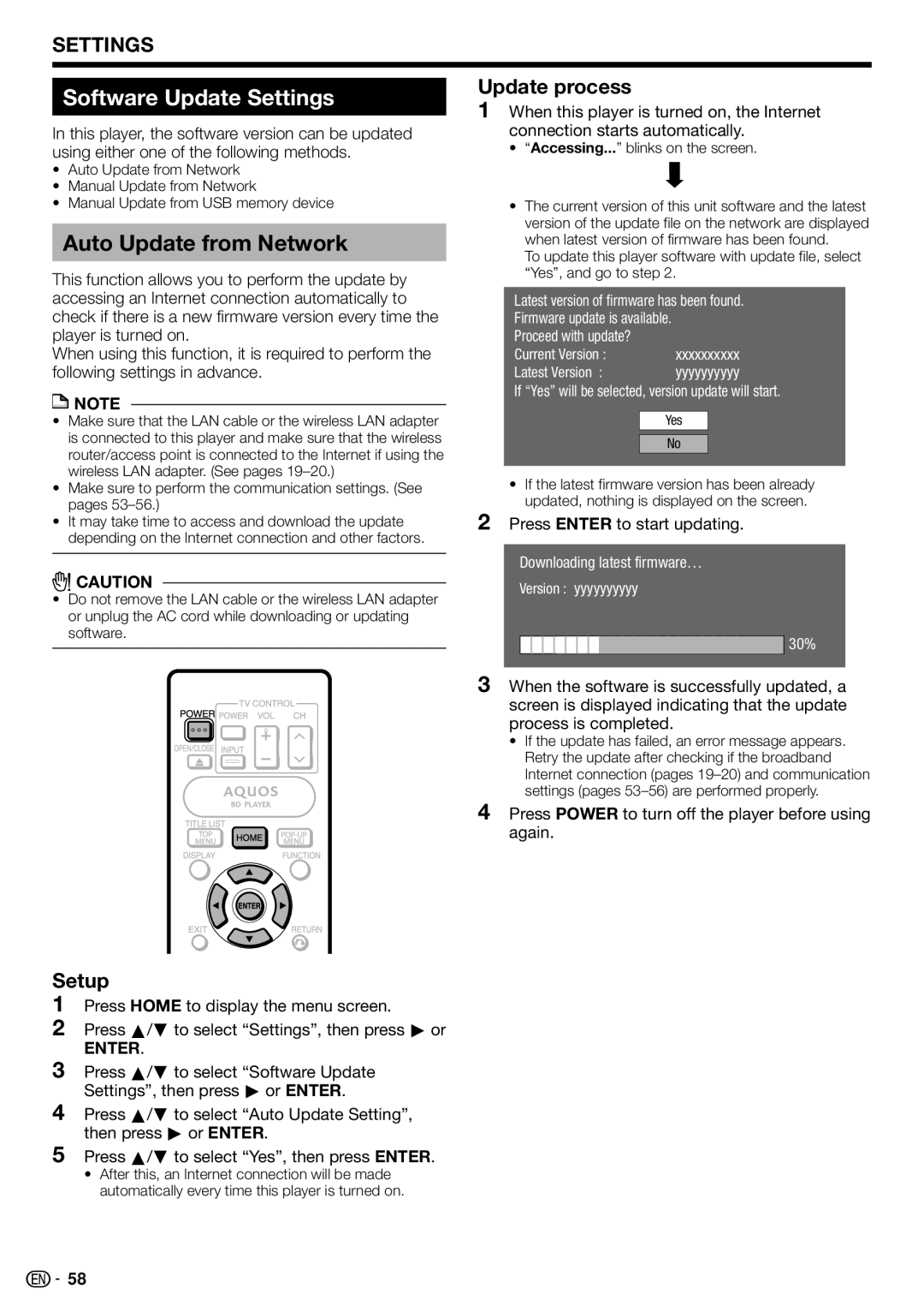 Sharp BD-HP70U, TINSEA548WJQZ, 10P03-CH-NG Software Update Settings, Auto Update from Network, Update process, Setup 