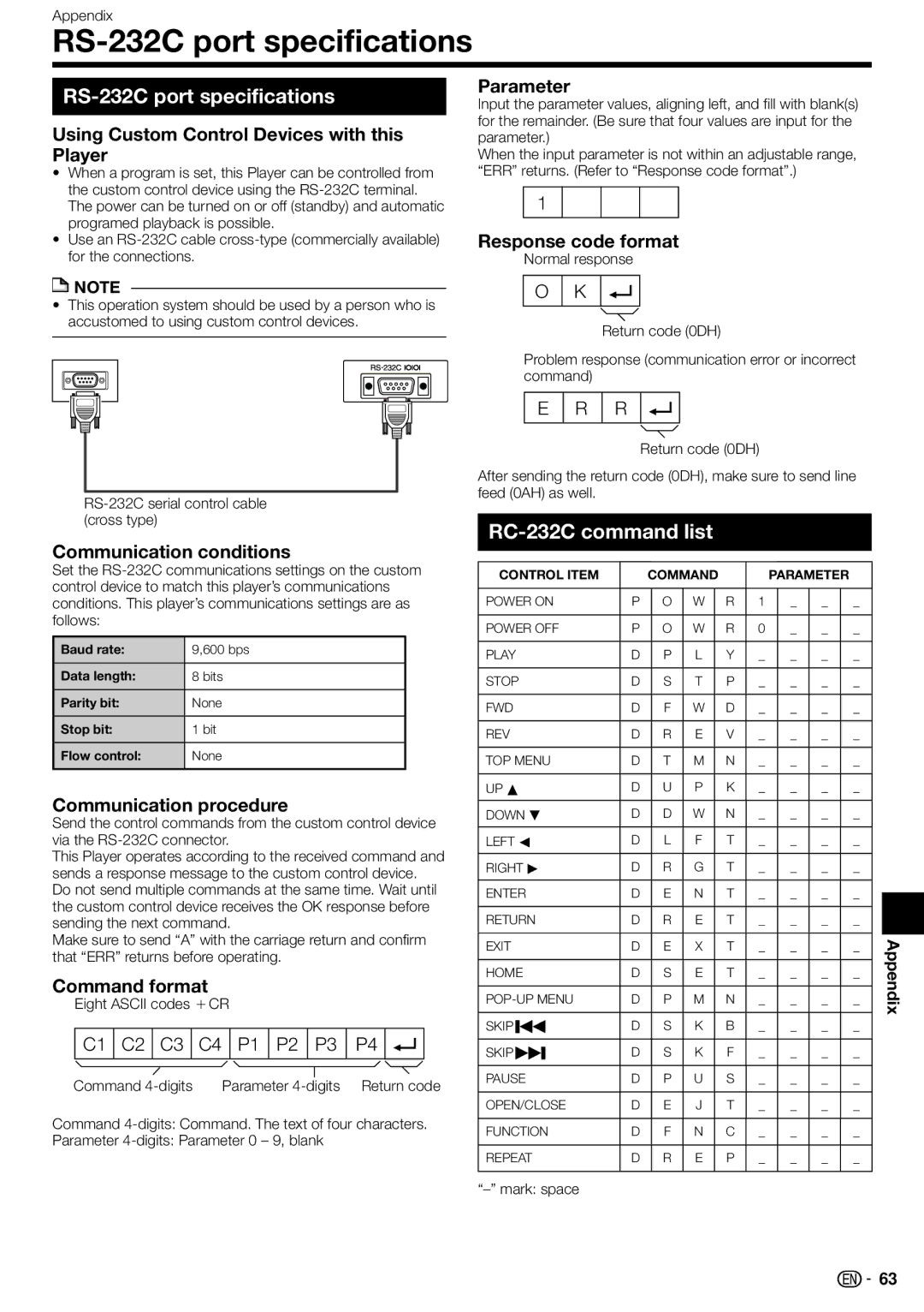 Sharp 10P03-CH-NG, BD-HP70U, TINSEA548WJQZ operation manual RS-232C port specifications 