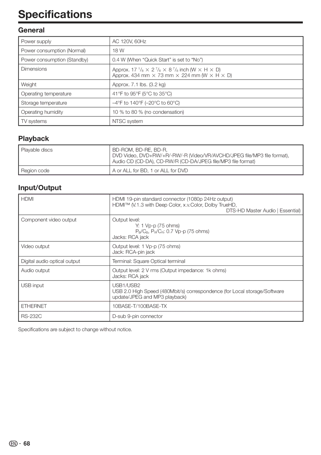 Sharp TINSEA548WJQZ, BD-HP70U, 10P03-CH-NG operation manual Specifications, General, Input/Output 