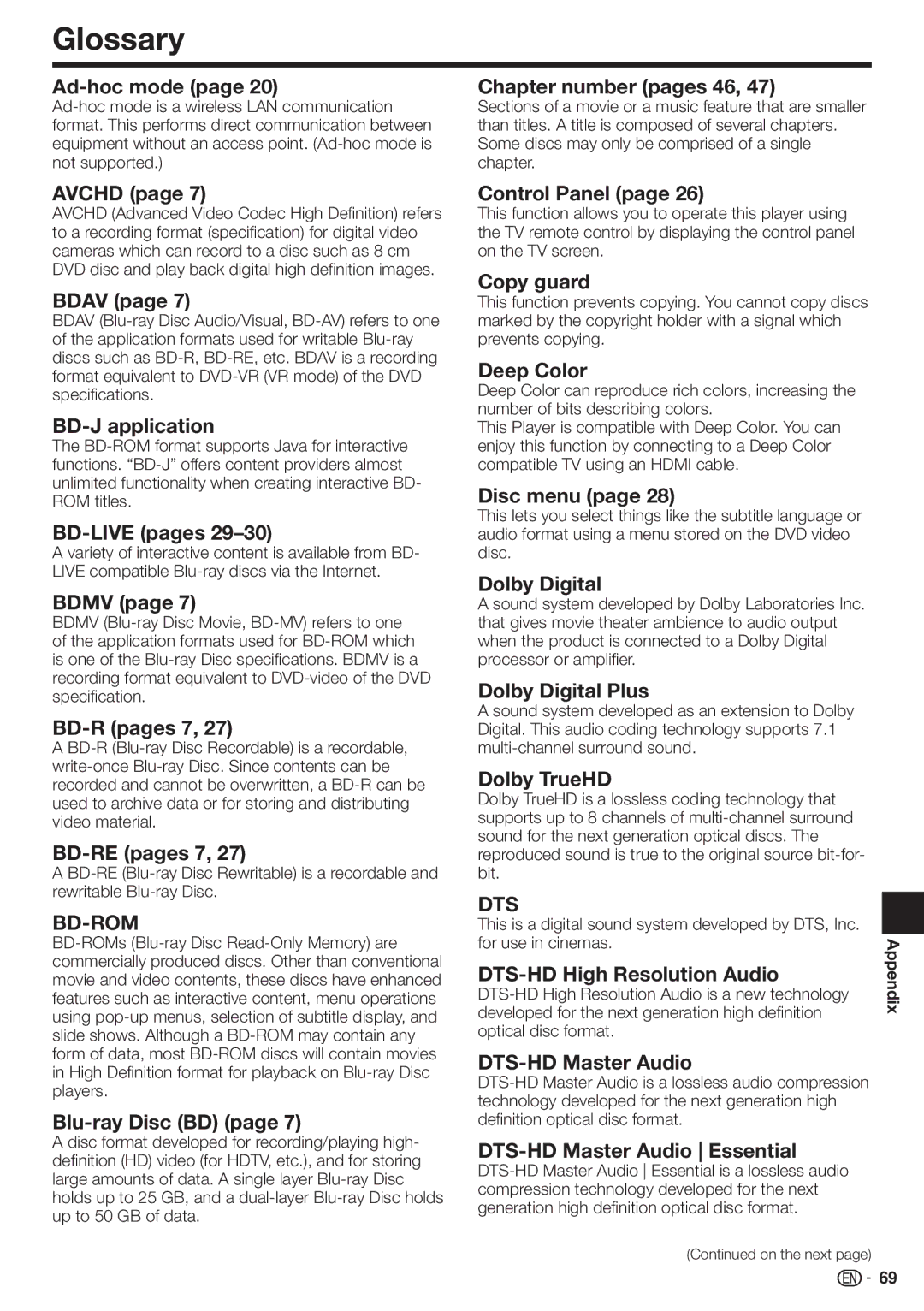 Sharp 10P03-CH-NG, BD-HP70U, TINSEA548WJQZ operation manual Glossary 